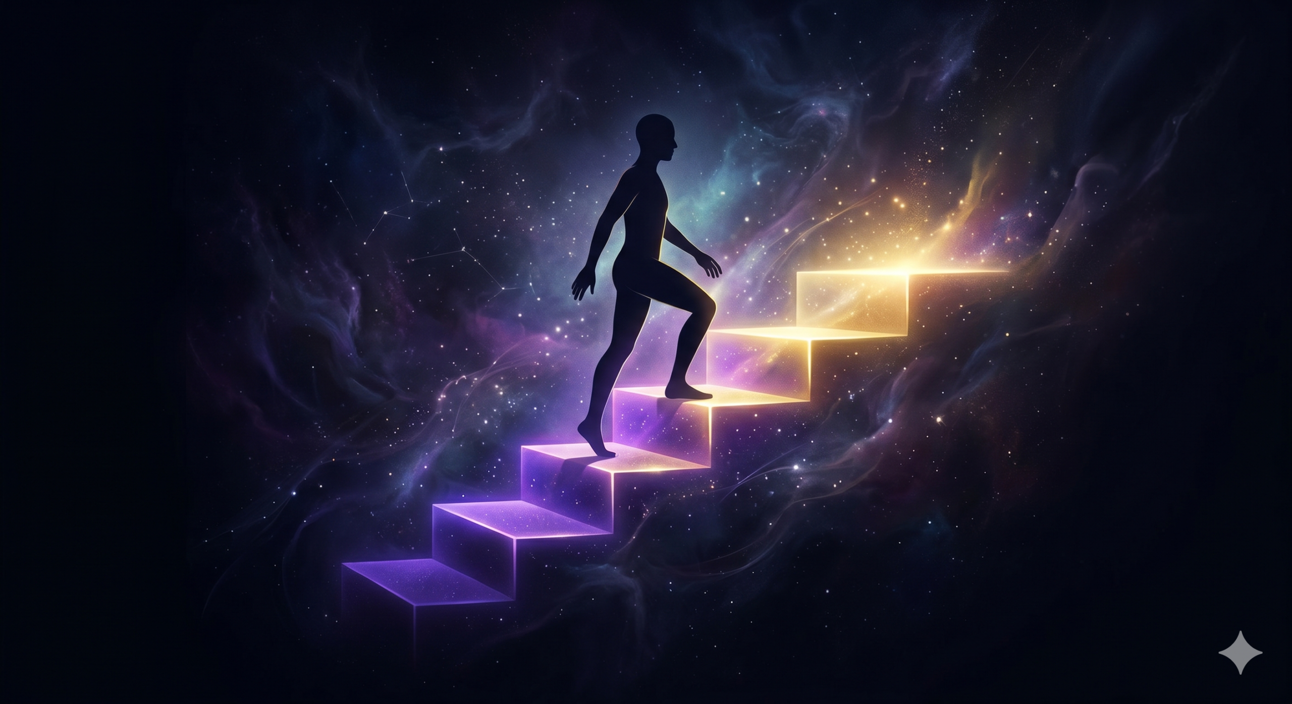 Cele 5 Praguri — siluetă urcând trepte luminoase